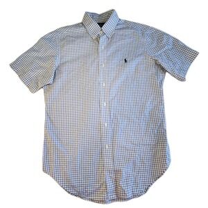 RALPH LAUREN Short Sleeve Button Shirt Mens Medium Blue Check Cotton Classic Fit
